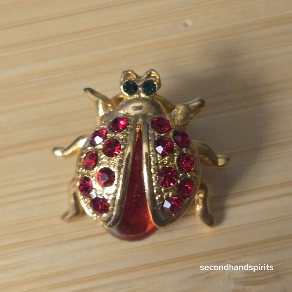 Vintage Gold Tone Red Jelly Belly Ladybug Brooch Rhinestone Bug Insect Pin    1"